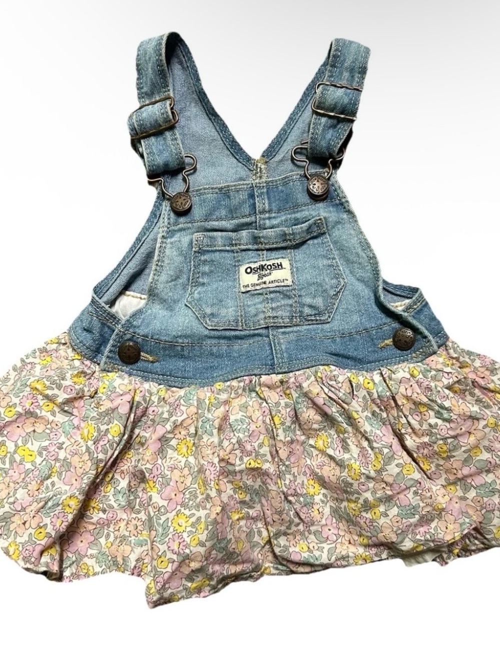 Baby Girl Oshkosh Overall Dress Denim Top Floral Bottom Size 9 Months
